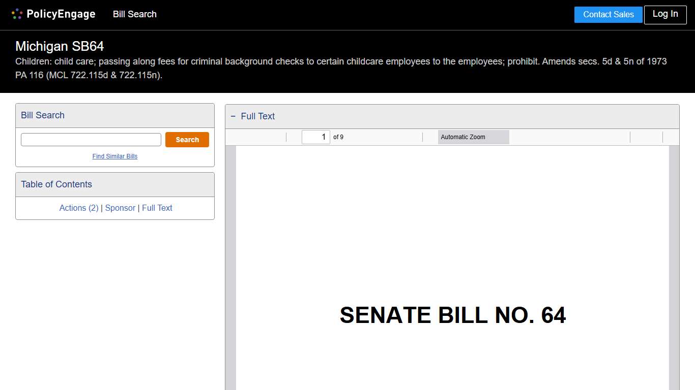 SB64 | Michigan 2025-2026 | Children: child care; passing along fees for criminal background checks to certain childcare employees to the employees; prohibit. Amends secs. 5d & 5n of 1973 PA 116 (MCL 722.115d & 722.115n). - Legislative Tracking | PolicyEngage